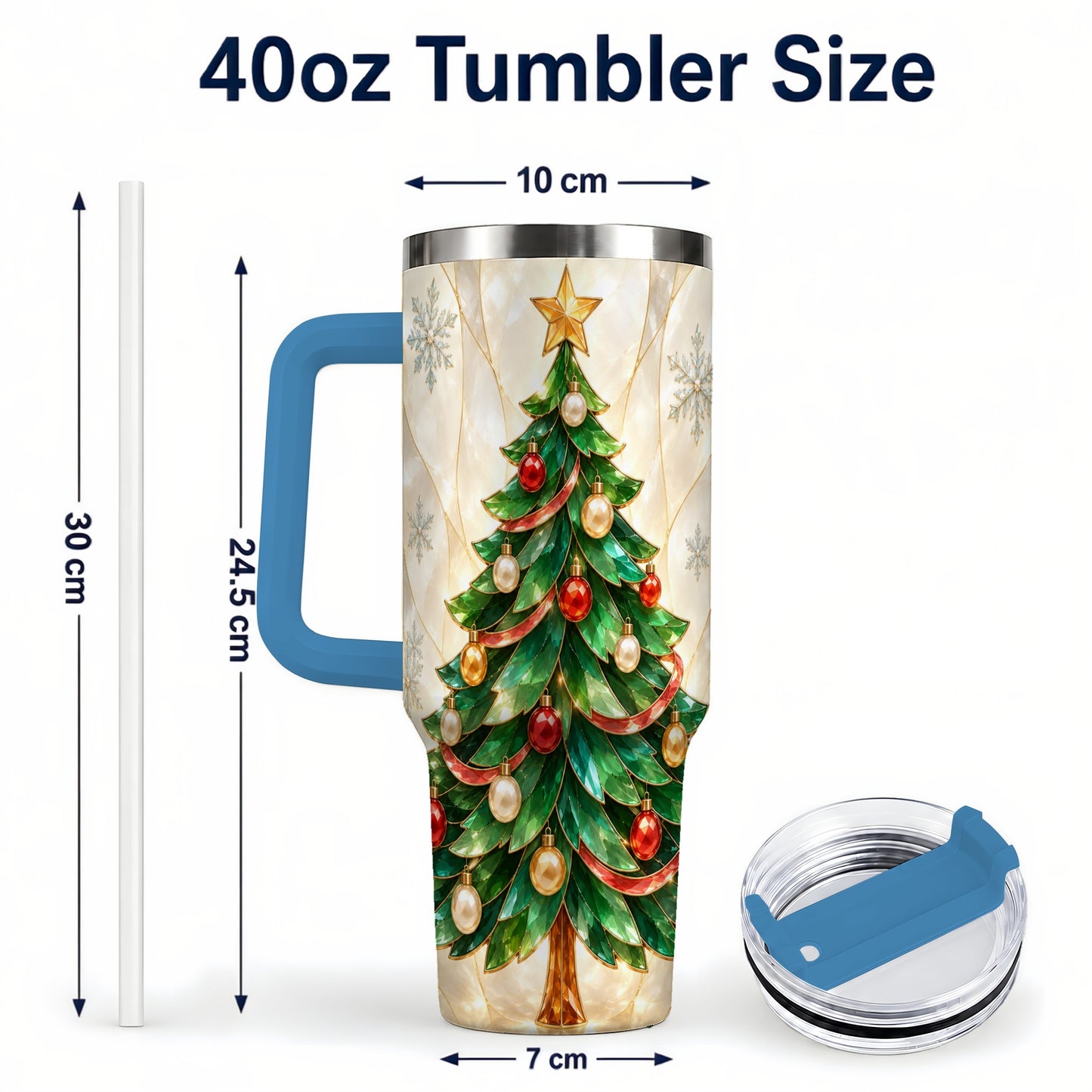 #pl[40oz|Blue] Jeweled Tree 40oz Tumbler with Handle, Christmas Stainless Steel Travel Cup