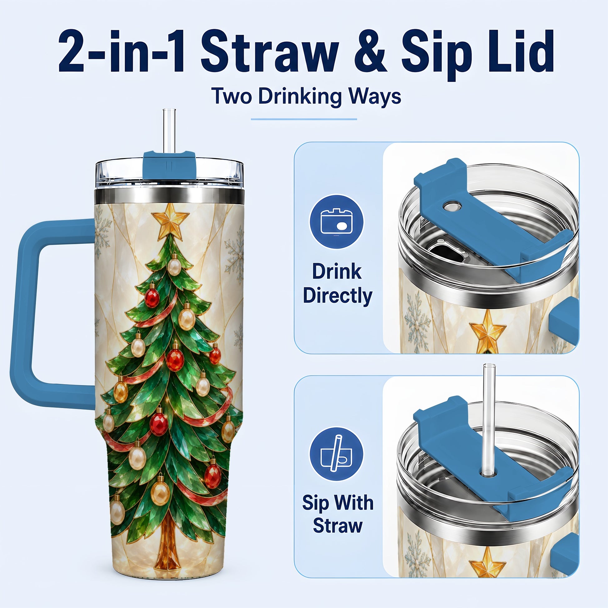 #pl[40oz|Blue] Jeweled Tree 40oz Tumbler with Handle, Christmas Stainless Steel Travel Cup