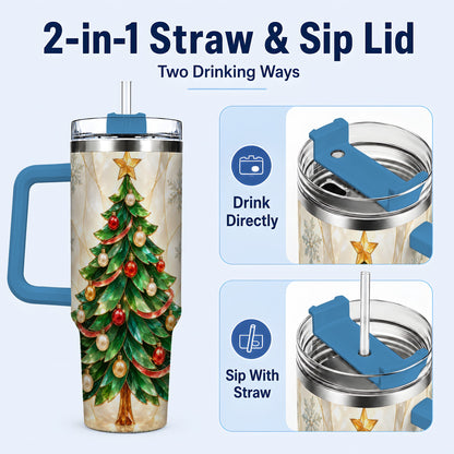 #pl[40oz|Blue] Jeweled Tree 40oz Tumbler with Handle, Christmas Stainless Steel Travel Cup