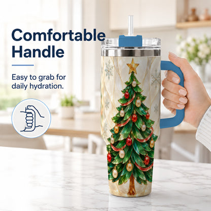 #pl[40oz|Blue] Jeweled Tree 40oz Tumbler with Handle, Christmas Stainless Steel Travel Cup