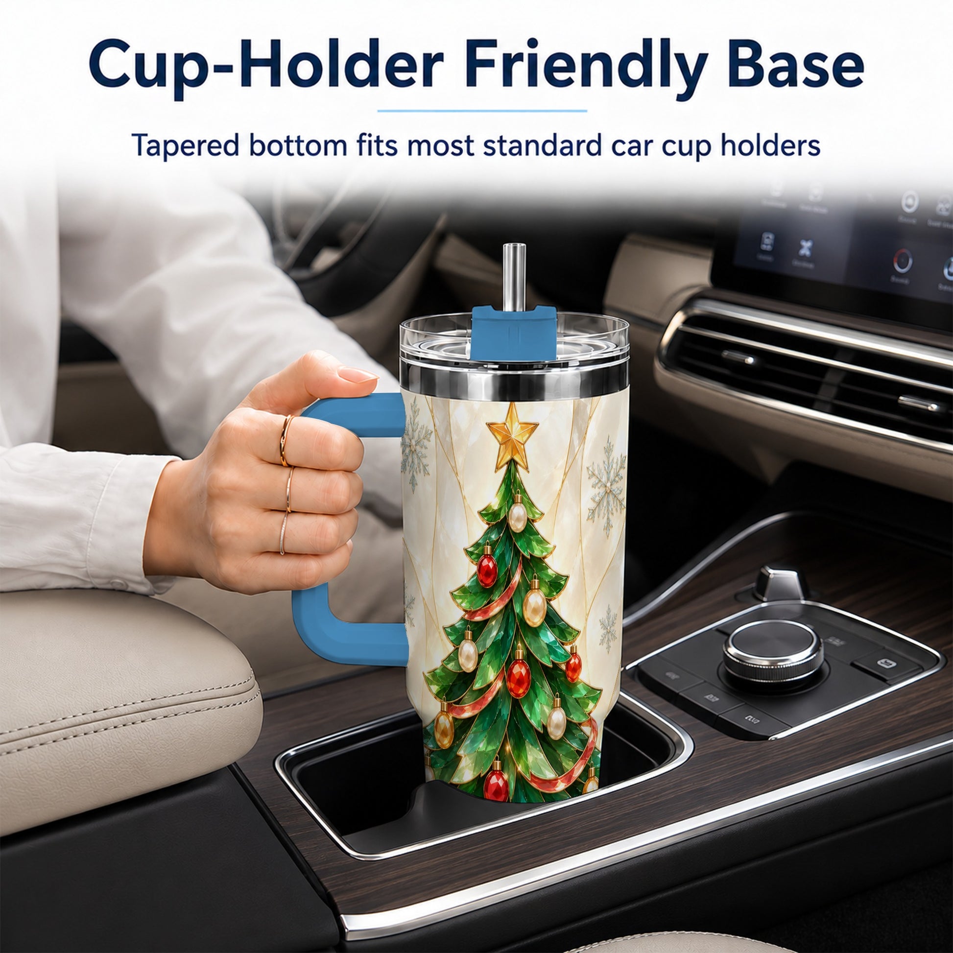 #pl[40oz|Blue] Jeweled Tree 40oz Tumbler with Handle, Christmas Stainless Steel Travel Cup