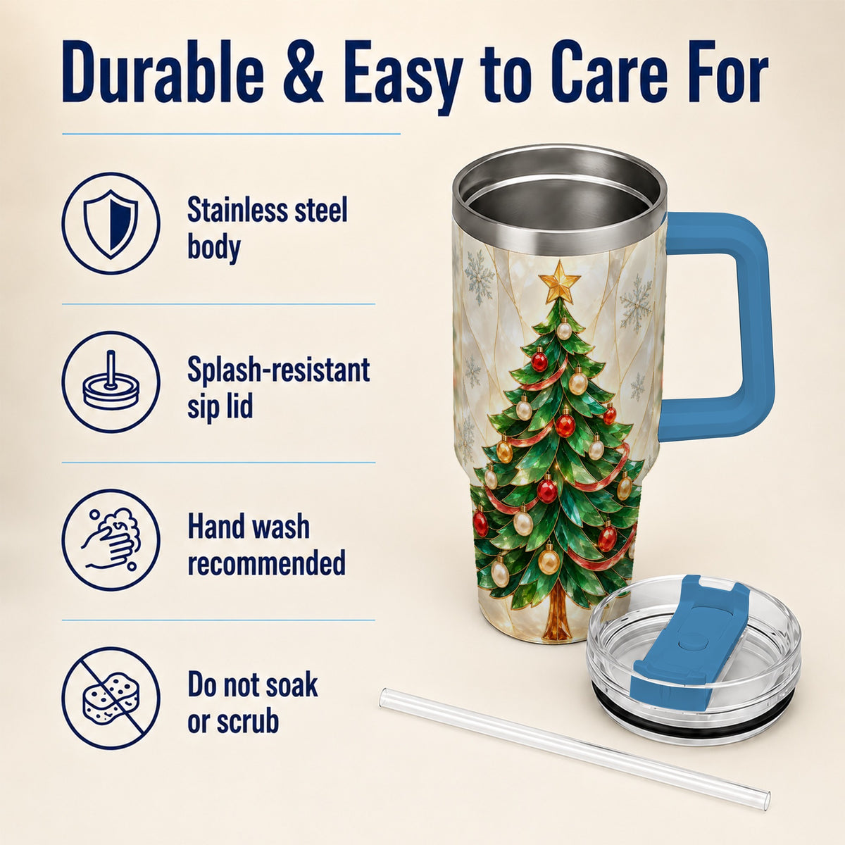 #pl[40oz|Blue] Jeweled Tree 40oz Tumbler with Handle, Christmas Stainless Steel Travel Cup