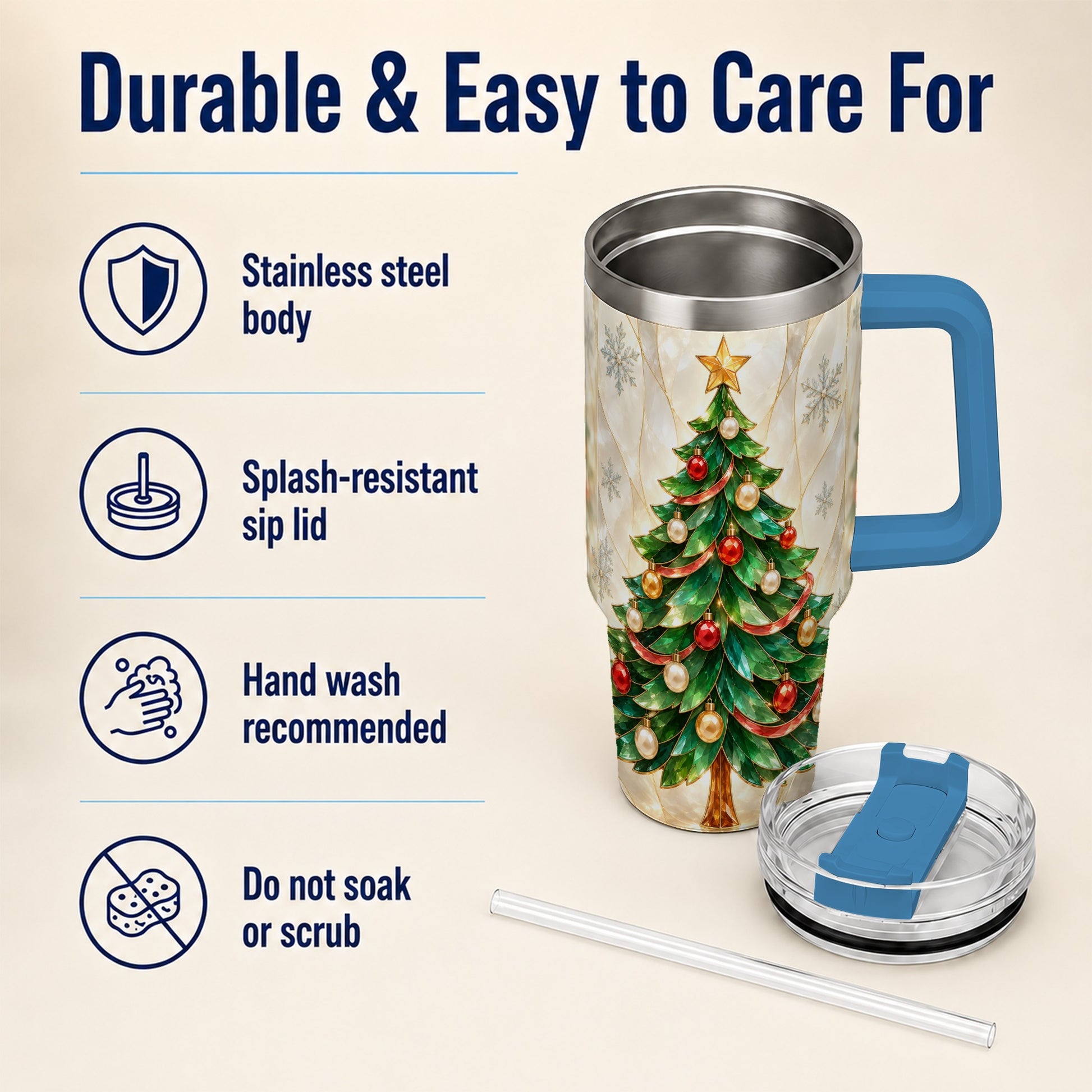 #pl[40oz|Blue] Jeweled Tree 40oz Tumbler with Handle, Christmas Stainless Steel Travel Cup
