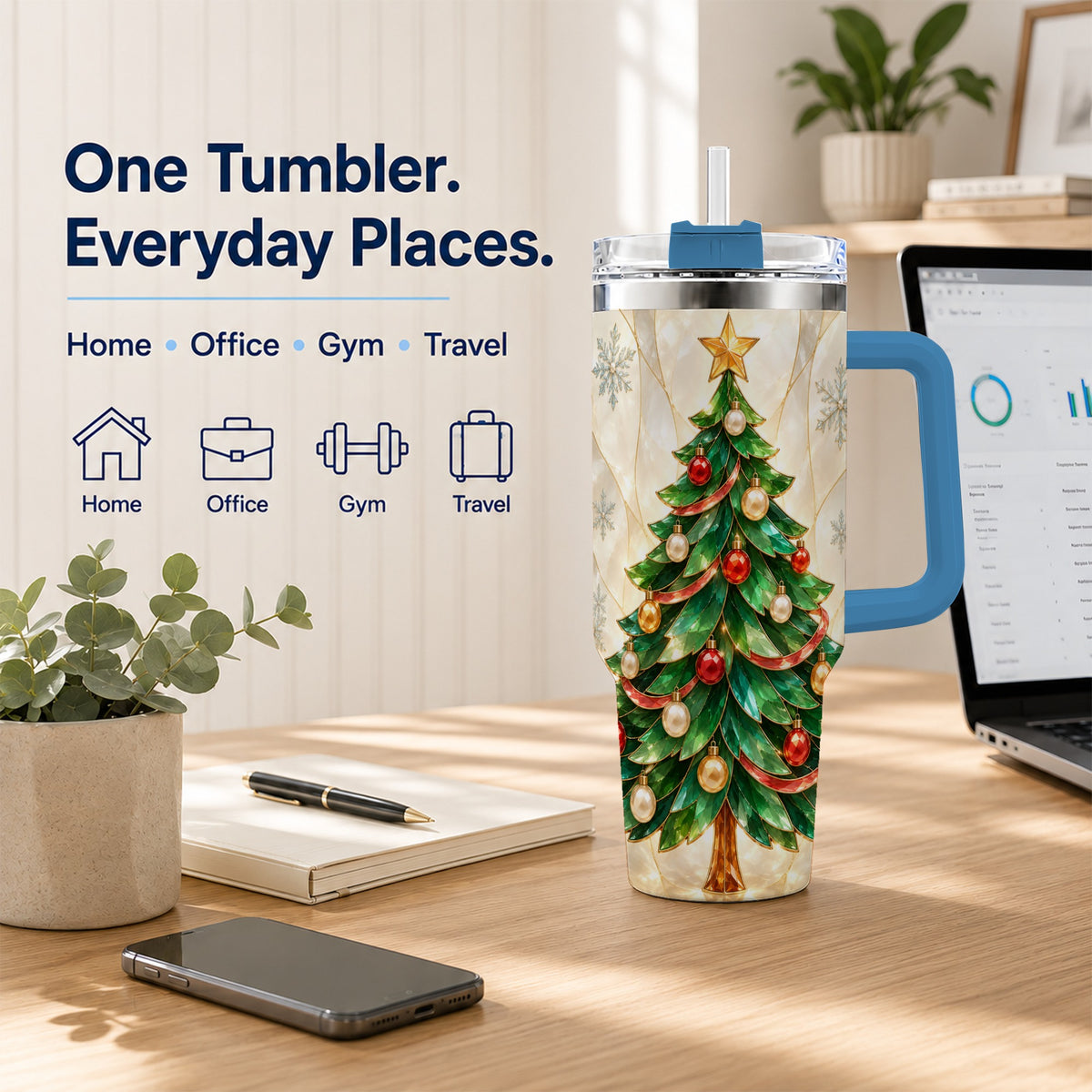 #pl[40oz|Blue] Jeweled Tree 40oz Tumbler with Handle, Christmas Stainless Steel Travel Cup