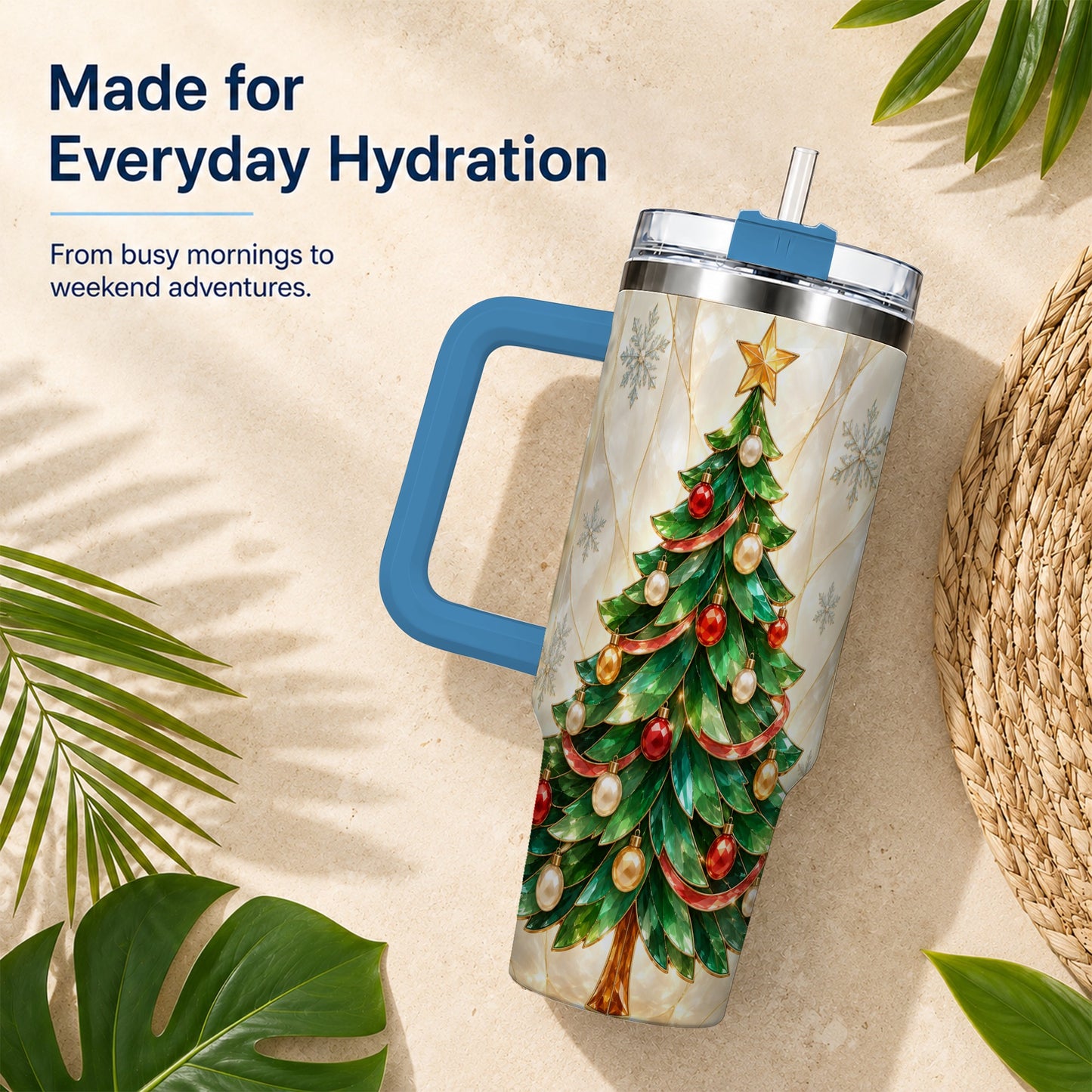 #pl[40oz|Blue] Jeweled Tree 40oz Tumbler with Handle, Christmas Stainless Steel Travel Cup