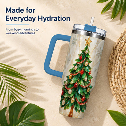 #pl[40oz|Blue] Jeweled Tree 40oz Tumbler with Handle, Christmas Stainless Steel Travel Cup