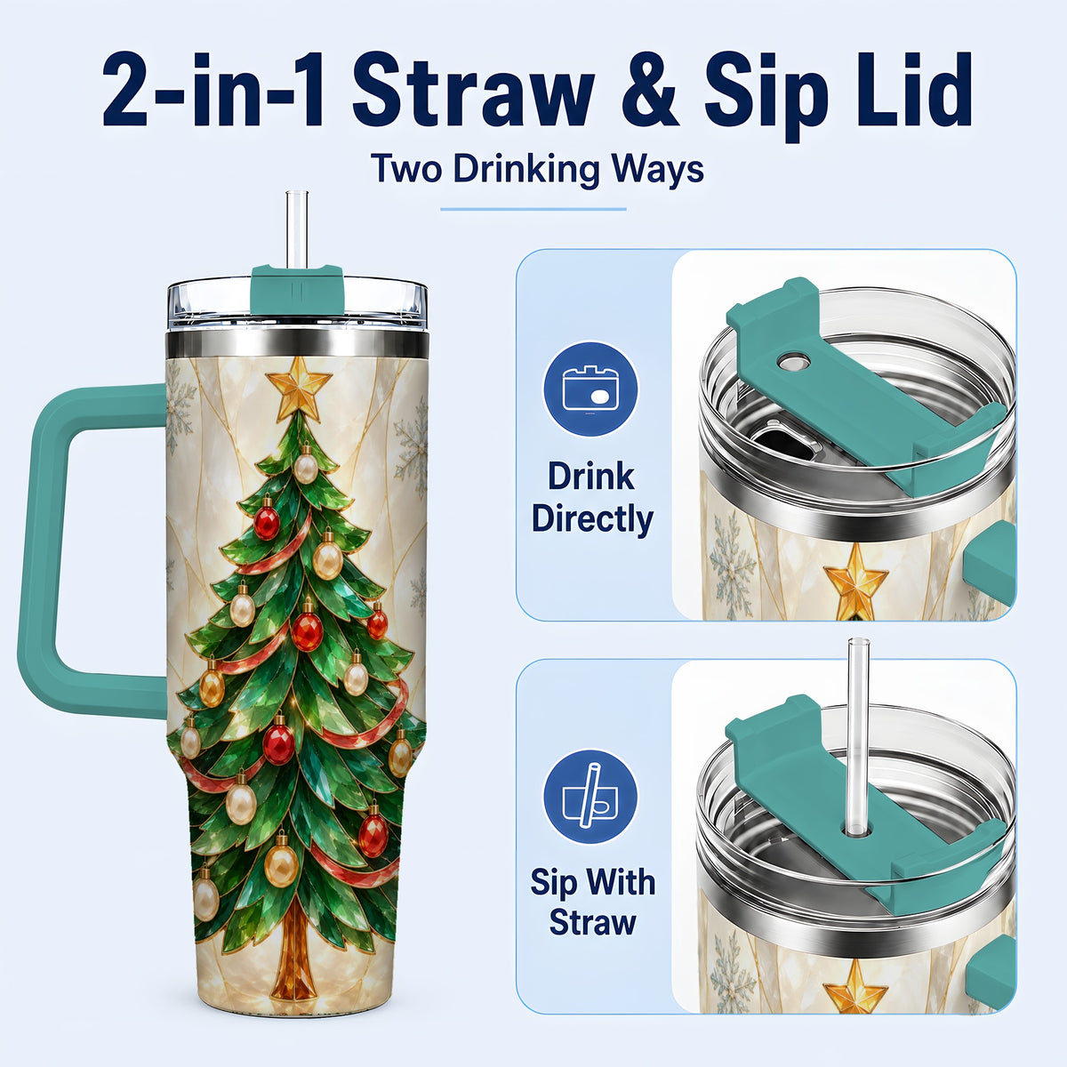 #pl[40oz|Green] Jeweled Tree 40oz Tumbler with Handle, Christmas Stainless Steel Travel Cup