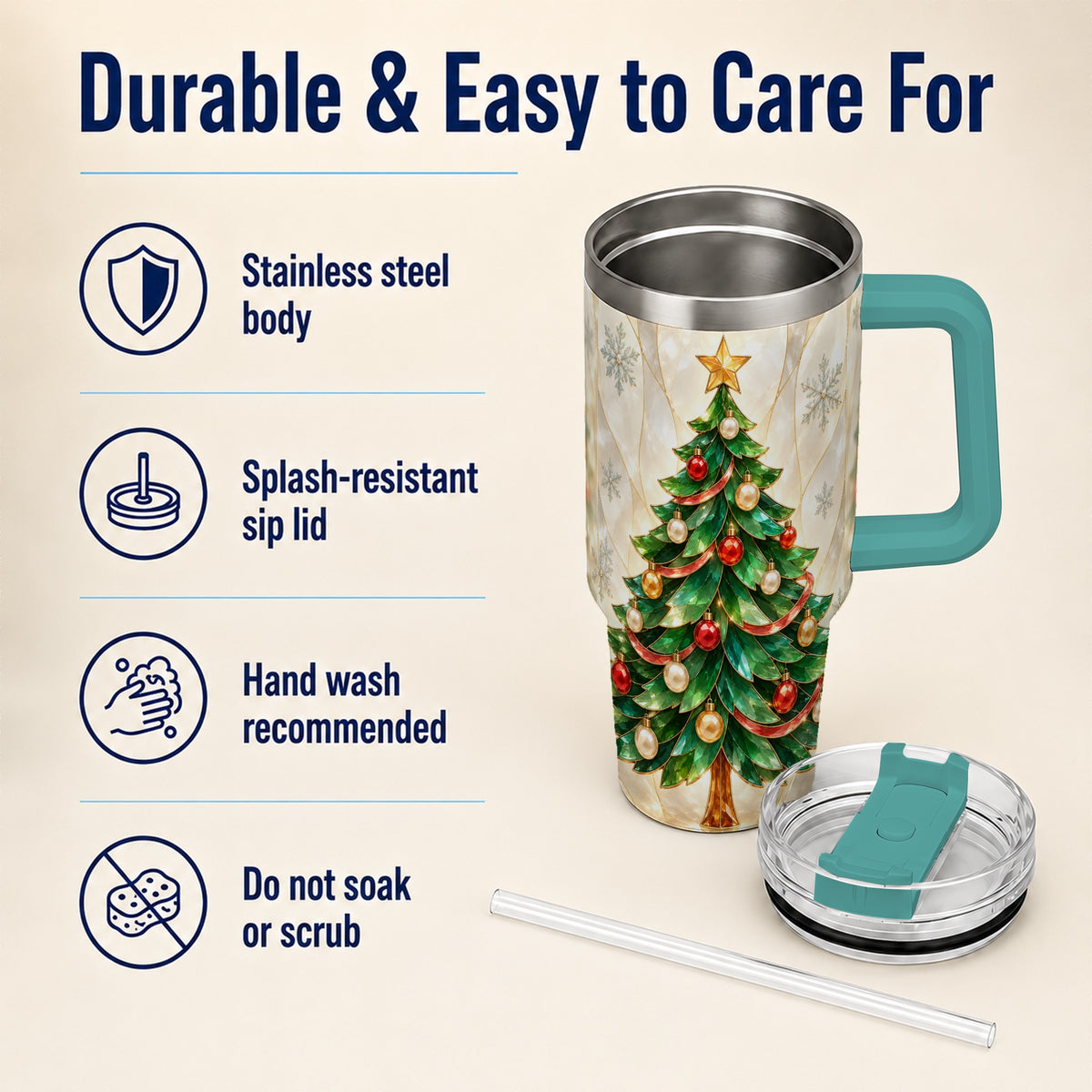 #pl[40oz|Green] Jeweled Tree 40oz Tumbler with Handle, Christmas Stainless Steel Travel Cup