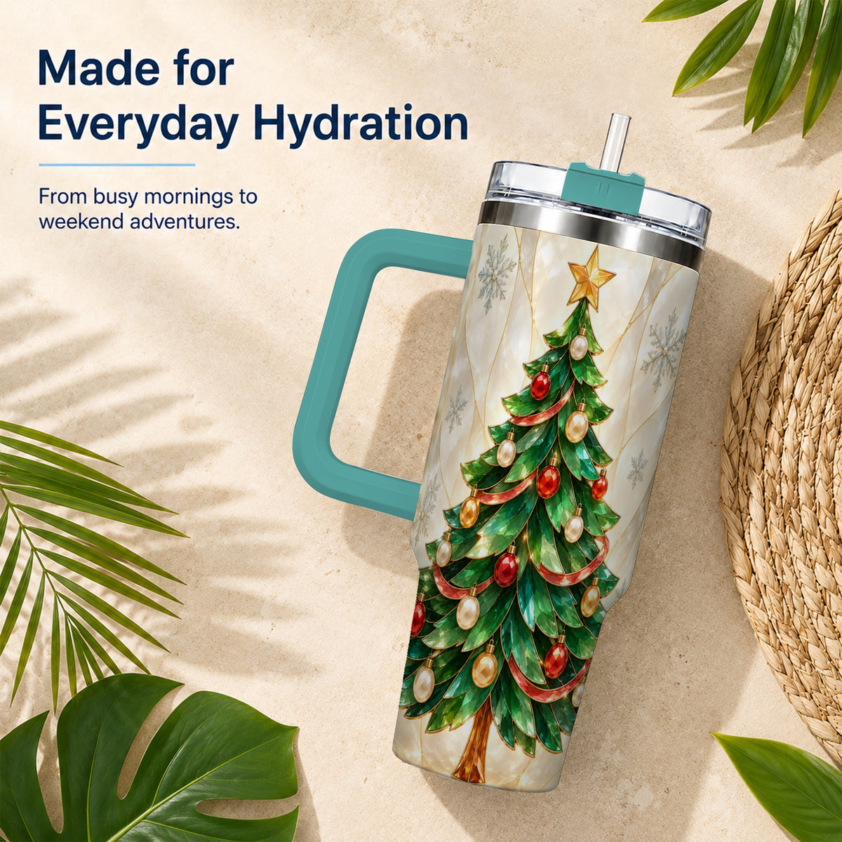#pl[40oz|Green] Jeweled Tree 40oz Tumbler with Handle, Christmas Stainless Steel Travel Cup