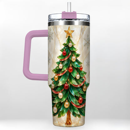 #pl[40oz|Pink] Jeweled Tree 40oz Tumbler with Handle, Christmas Stainless Steel Travel Cup