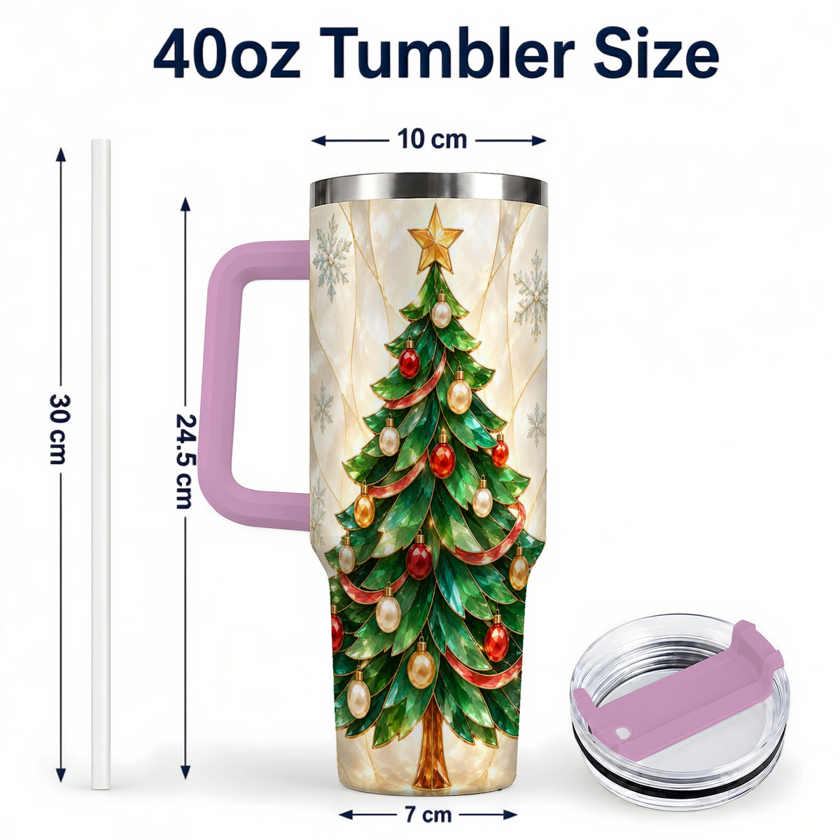 #pl[40oz|Pink] Jeweled Tree 40oz Tumbler with Handle, Christmas Stainless Steel Travel Cup
