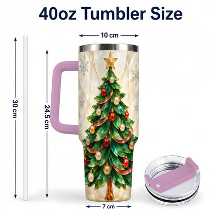 #pl[40oz|Pink] Jeweled Tree 40oz Tumbler with Handle, Christmas Stainless Steel Travel Cup