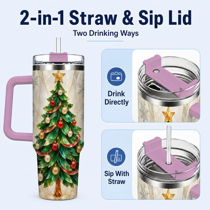 #pl[40oz|Pink] Jeweled Tree 40oz Tumbler with Handle, Christmas Stainless Steel Travel Cup