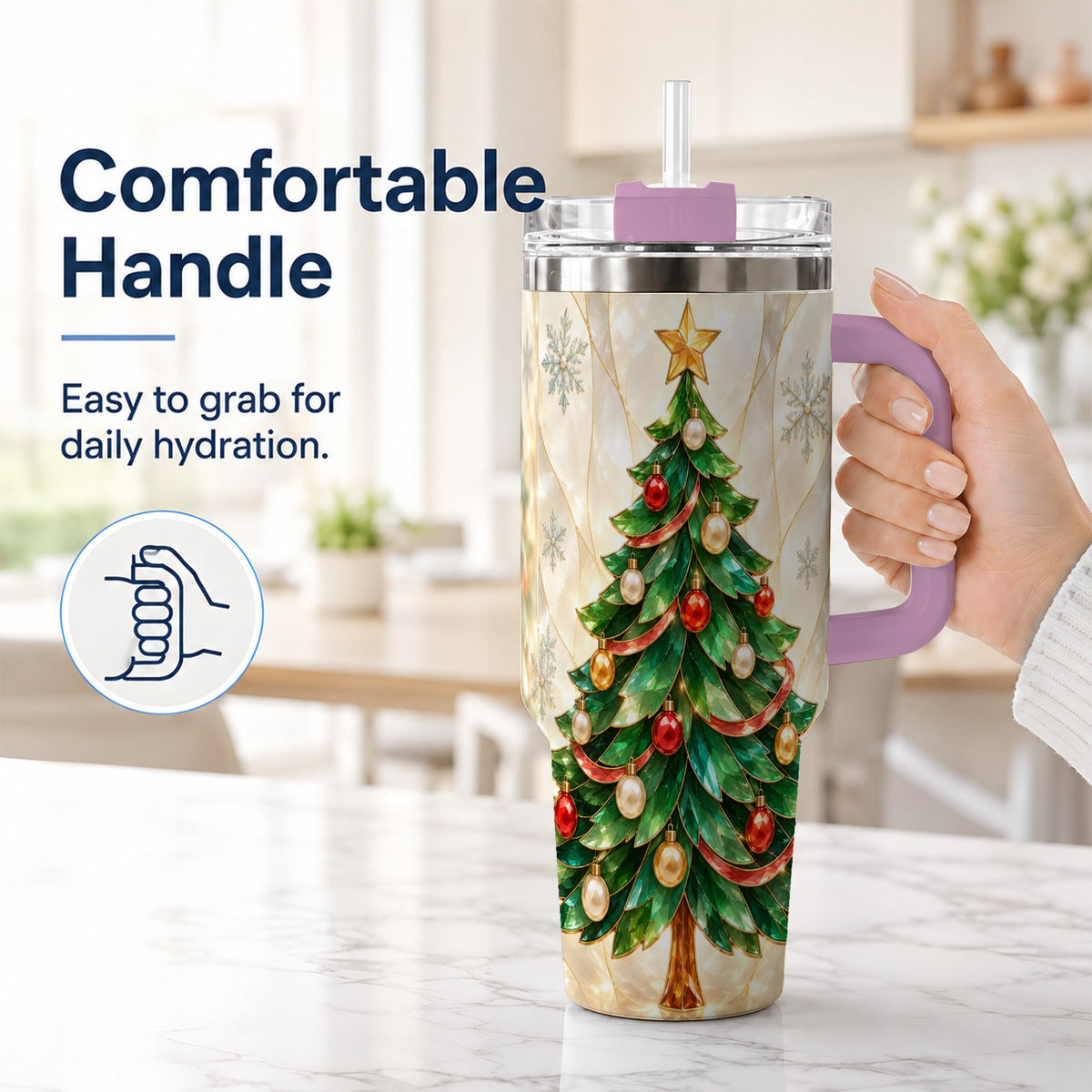 #pl[40oz|Pink] Jeweled Tree 40oz Tumbler with Handle, Christmas Stainless Steel Travel Cup