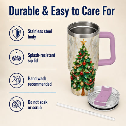 #pl[40oz|Pink] Jeweled Tree 40oz Tumbler with Handle, Christmas Stainless Steel Travel Cup