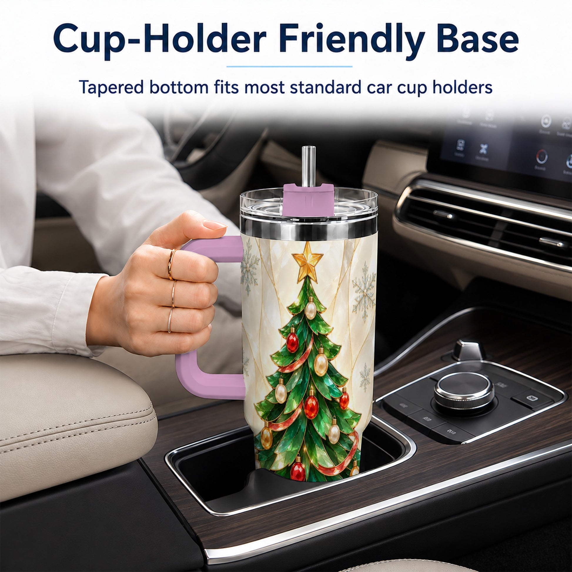 #pl[40oz|Pink] Jeweled Tree 40oz Tumbler with Handle, Christmas Stainless Steel Travel Cup