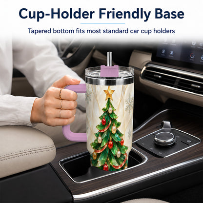 #pl[40oz|Pink] Jeweled Tree 40oz Tumbler with Handle, Christmas Stainless Steel Travel Cup