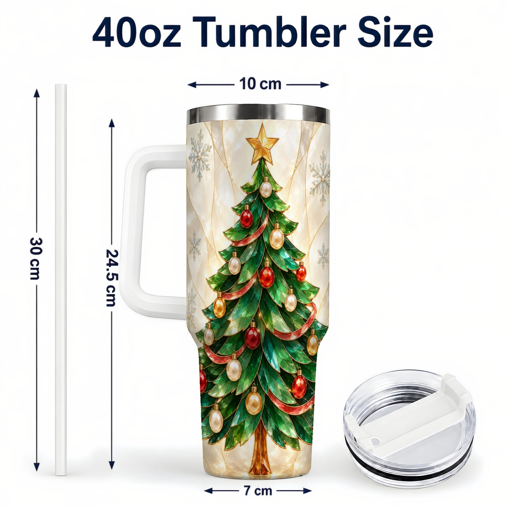 #pl[40oz|White] Jeweled Tree 40oz Tumbler with Handle, Christmas Stainless Steel Travel Cup