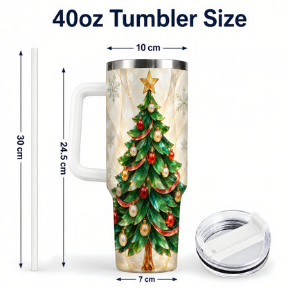 #pl[40oz|White] Jeweled Tree 40oz Tumbler with Handle, Christmas Stainless Steel Travel Cup