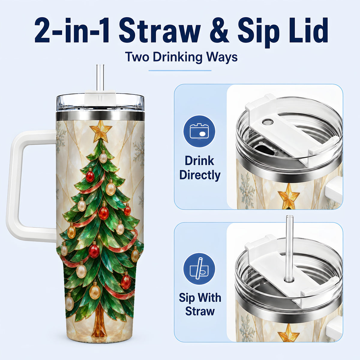 #pl[40oz|White] Jeweled Tree 40oz Tumbler with Handle, Christmas Stainless Steel Travel Cup