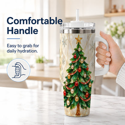 #pl[40oz|White] Jeweled Tree 40oz Tumbler with Handle, Christmas Stainless Steel Travel Cup
