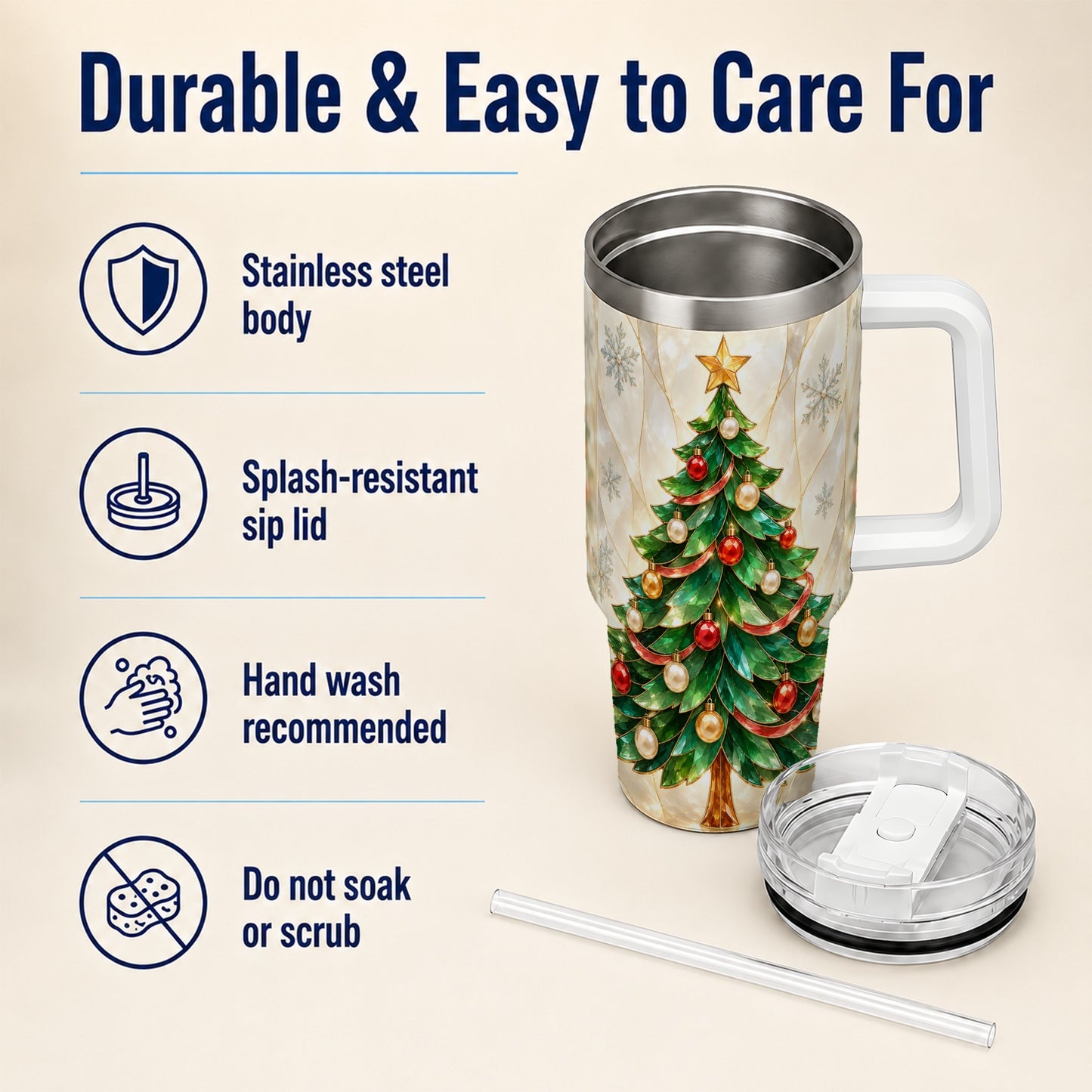 #pl[40oz|White] Jeweled Tree 40oz Tumbler with Handle, Christmas Stainless Steel Travel Cup