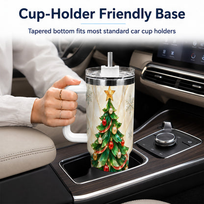 #pl[40oz|White] Jeweled Tree 40oz Tumbler with Handle, Christmas Stainless Steel Travel Cup