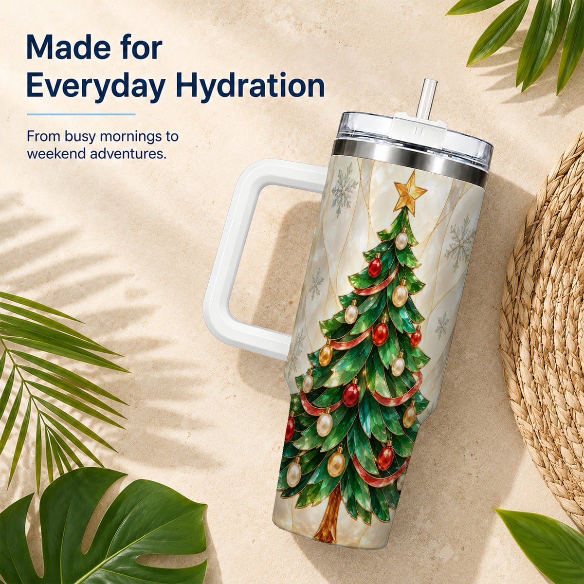 #pl[40oz|White] Jeweled Tree 40oz Tumbler with Handle, Christmas Stainless Steel Travel Cup