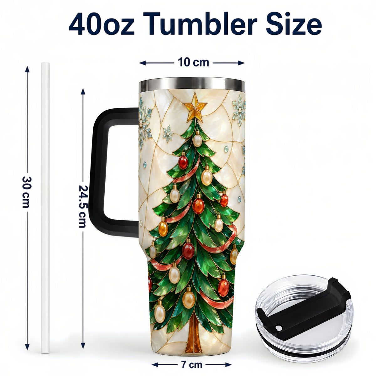 #pl[40oz|Black] Mosaic Tree 40oz Tumbler with Handle, Holiday Stainless Steel Travel Cup