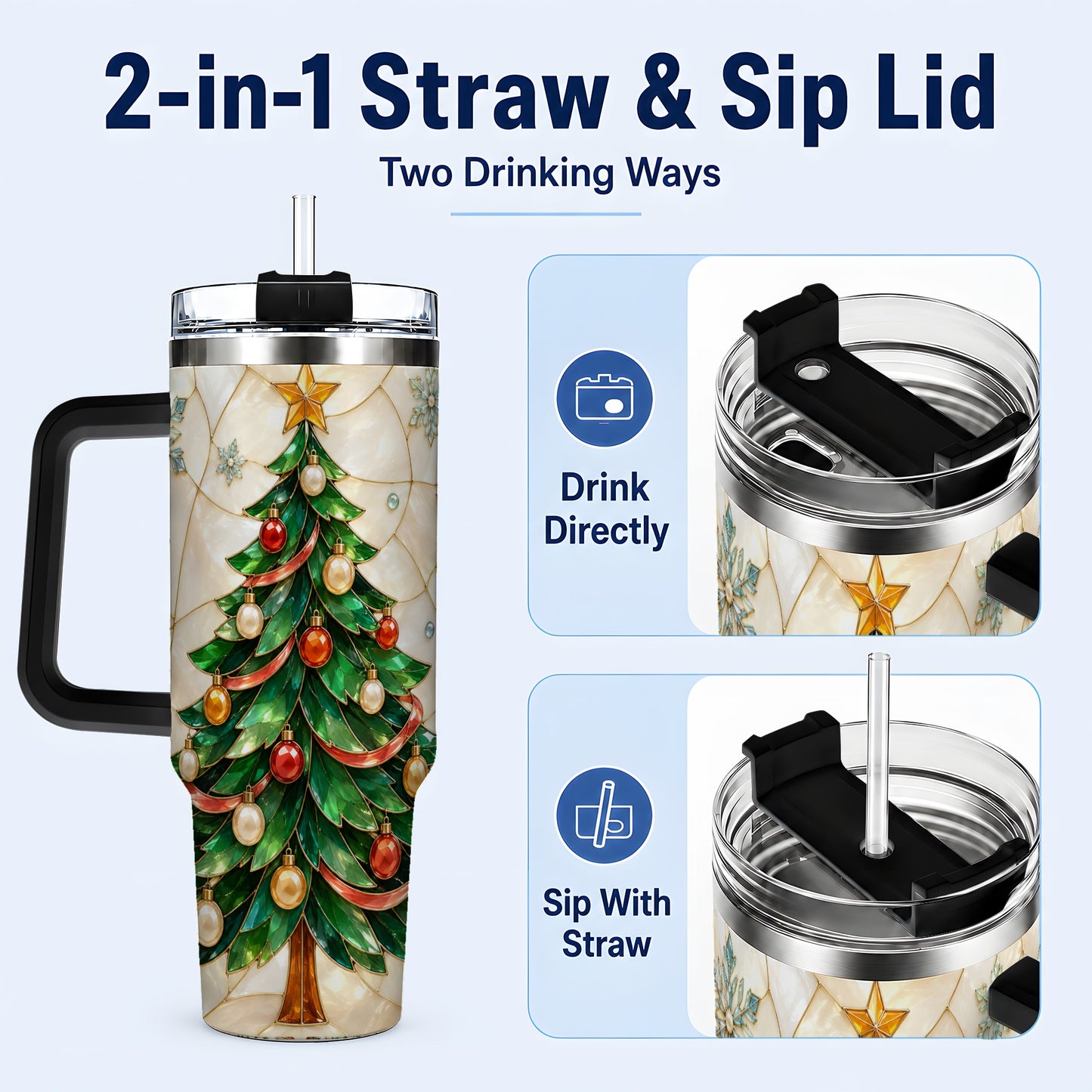 #pl[40oz|Black] Mosaic Tree 40oz Tumbler with Handle, Holiday Stainless Steel Travel Cup