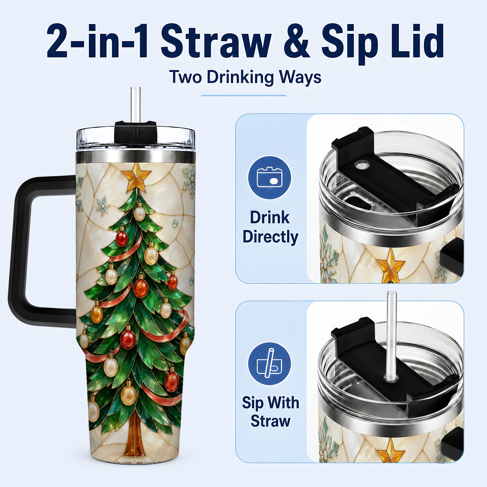 #pl[40oz|Black] Mosaic Tree 40oz Tumbler with Handle, Holiday Stainless Steel Travel Cup