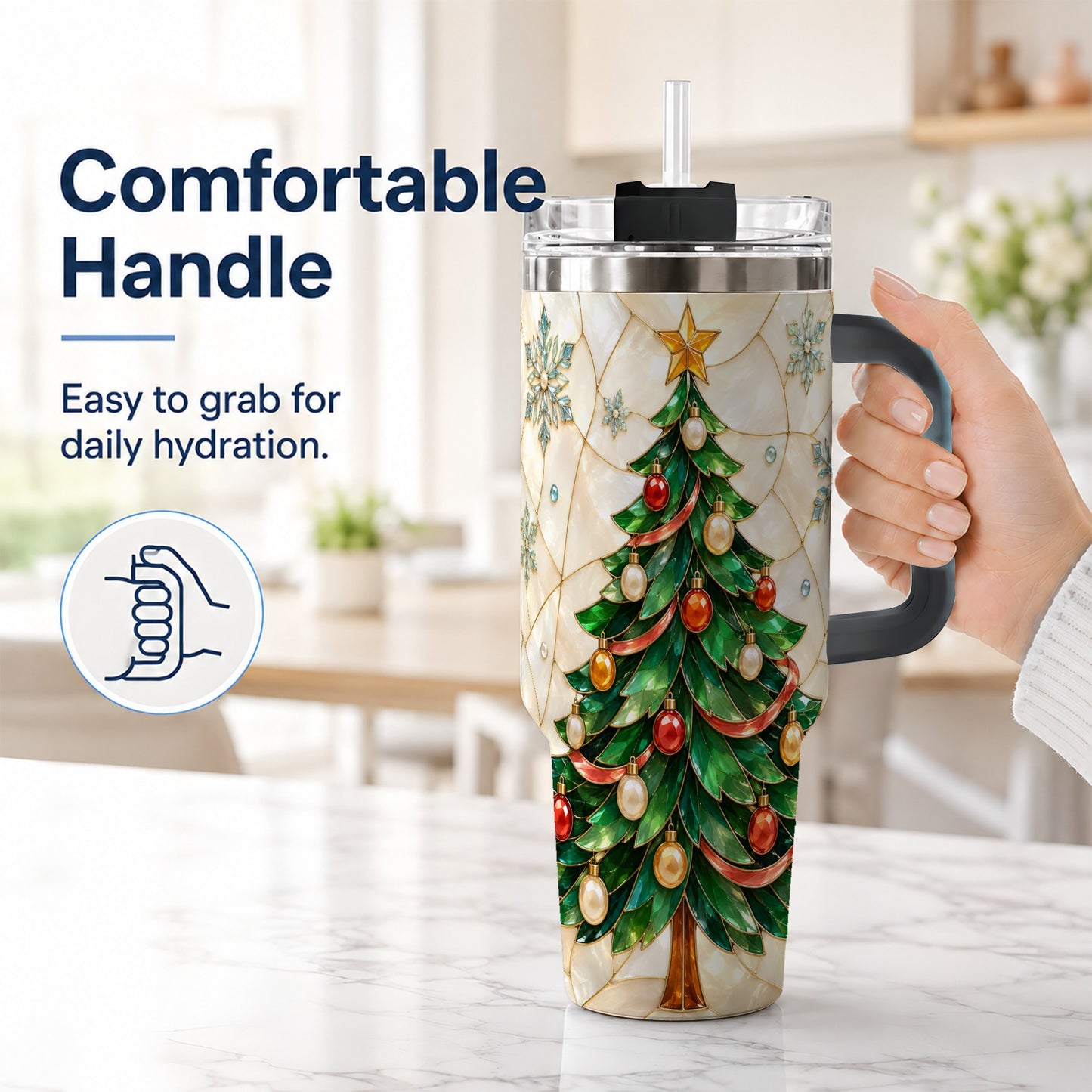 #pl[40oz|Black] Mosaic Tree 40oz Tumbler with Handle, Holiday Stainless Steel Travel Cup