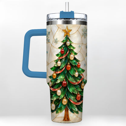 #pl[40oz|Blue] Mosaic Tree 40oz Tumbler with Handle, Holiday Stainless Steel Travel Cup