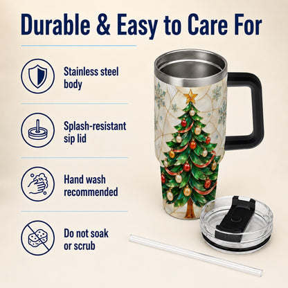 #pl[40oz|Black] Mosaic Tree 40oz Tumbler with Handle, Holiday Stainless Steel Travel Cup