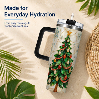 #pl[40oz|Black] Mosaic Tree 40oz Tumbler with Handle, Holiday Stainless Steel Travel Cup