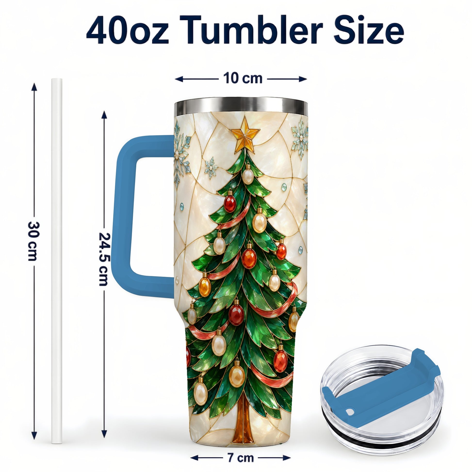 #pl[40oz|Blue] Mosaic Tree 40oz Tumbler with Handle, Holiday Stainless Steel Travel Cup