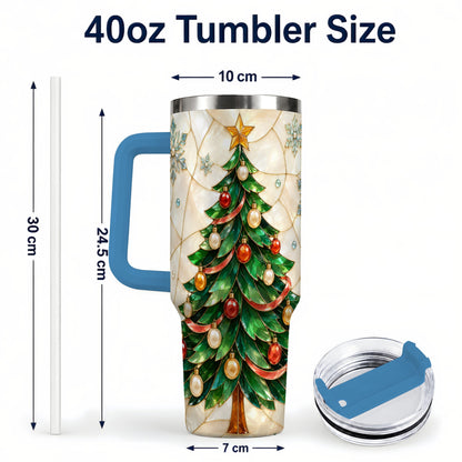 #pl[40oz|Blue] Mosaic Tree 40oz Tumbler with Handle, Holiday Stainless Steel Travel Cup