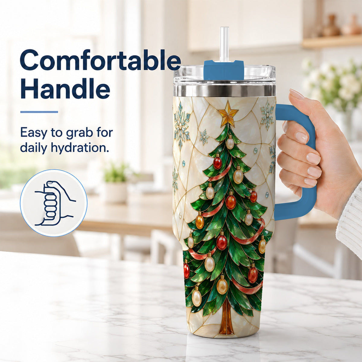 #pl[40oz|Blue] Mosaic Tree 40oz Tumbler with Handle, Holiday Stainless Steel Travel Cup