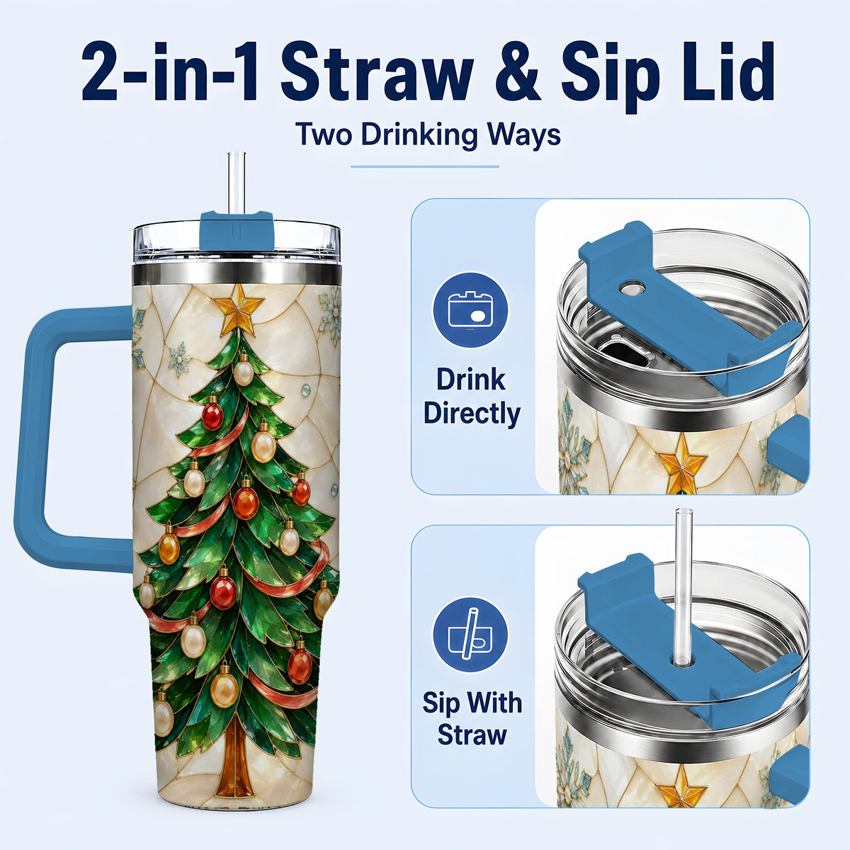 #pl[40oz|Blue] Mosaic Tree 40oz Tumbler with Handle, Holiday Stainless Steel Travel Cup