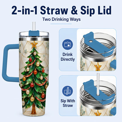 #pl[40oz|Blue] Mosaic Tree 40oz Tumbler with Handle, Holiday Stainless Steel Travel Cup
