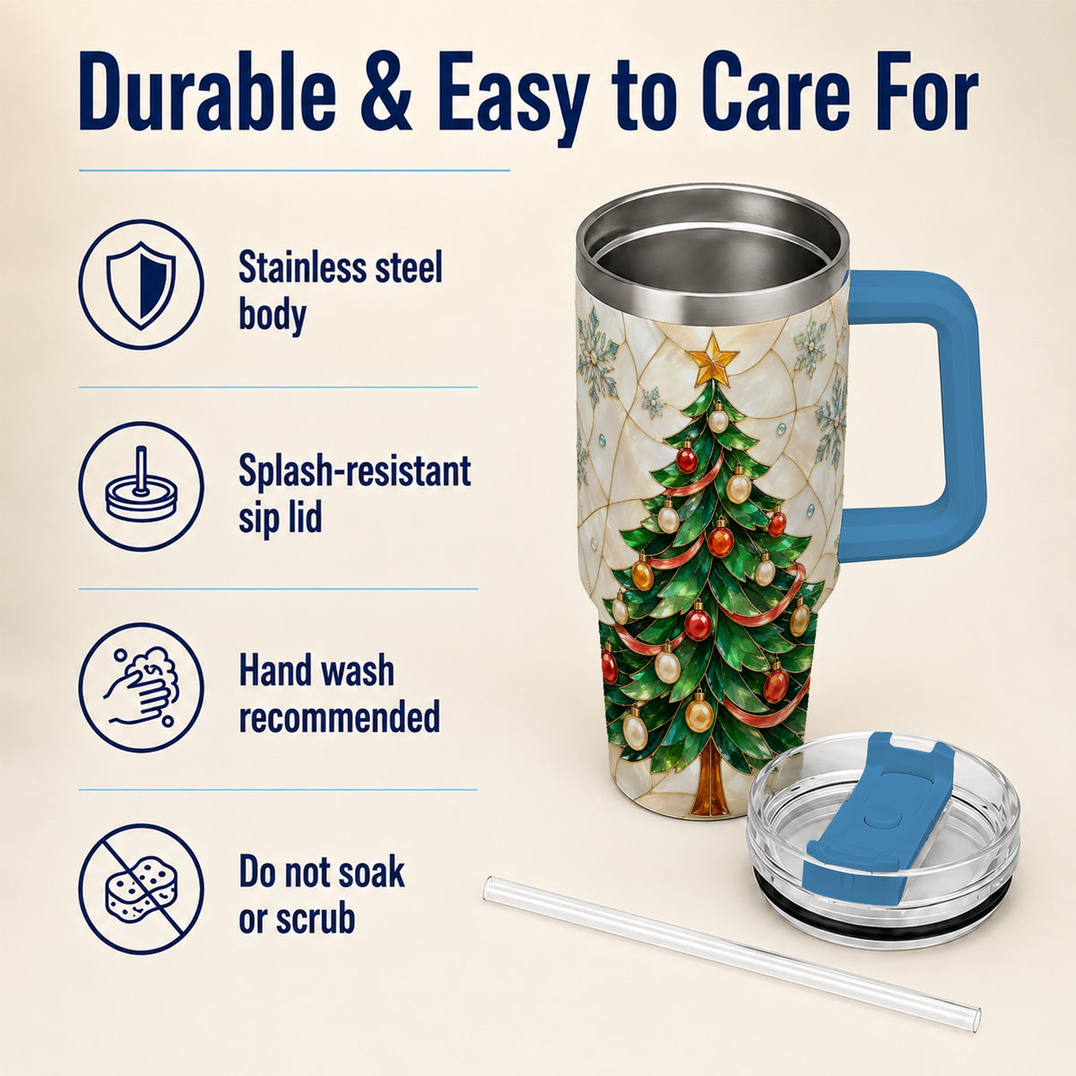#pl[40oz|Blue] Mosaic Tree 40oz Tumbler with Handle, Holiday Stainless Steel Travel Cup