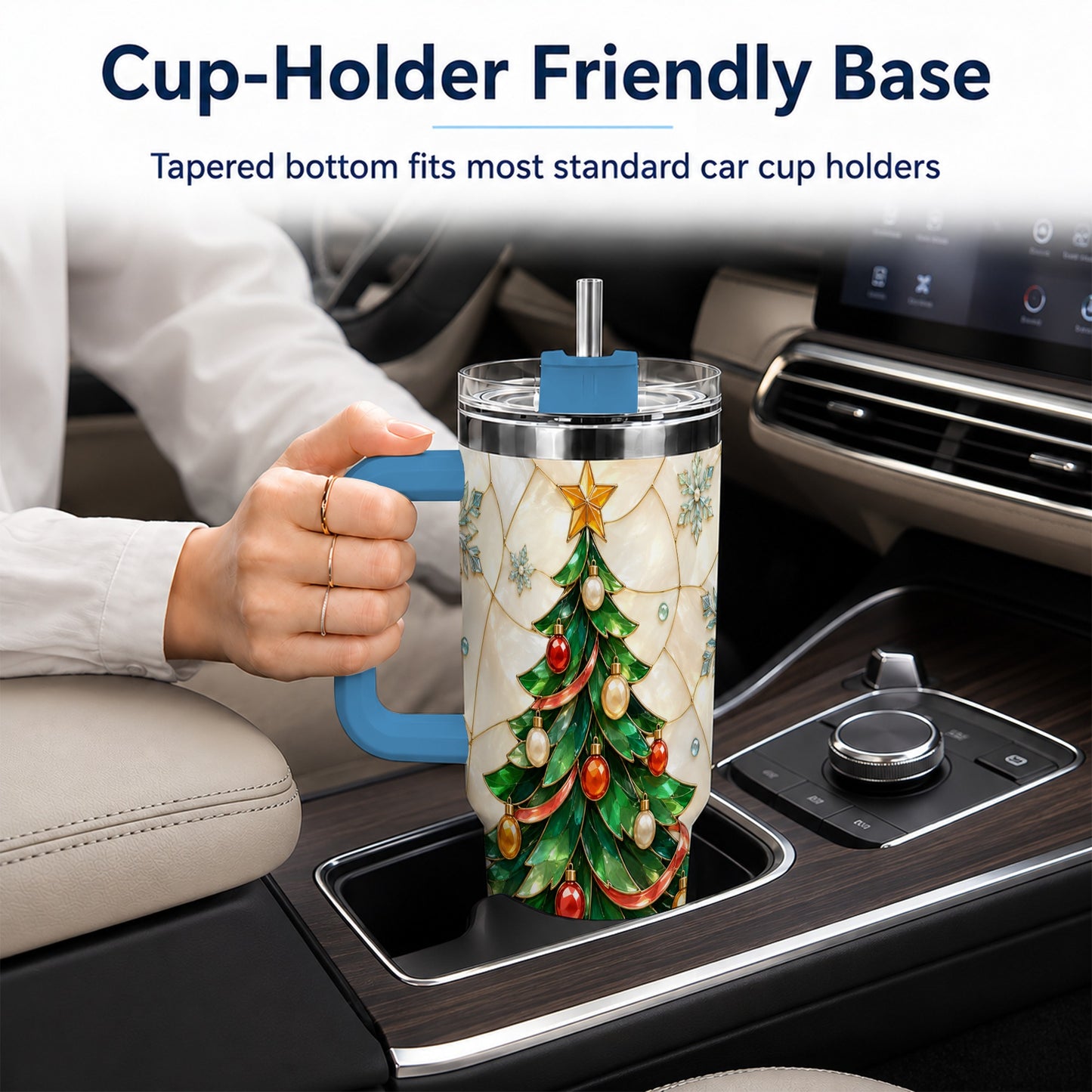 #pl[40oz|Blue] Mosaic Tree 40oz Tumbler with Handle, Holiday Stainless Steel Travel Cup