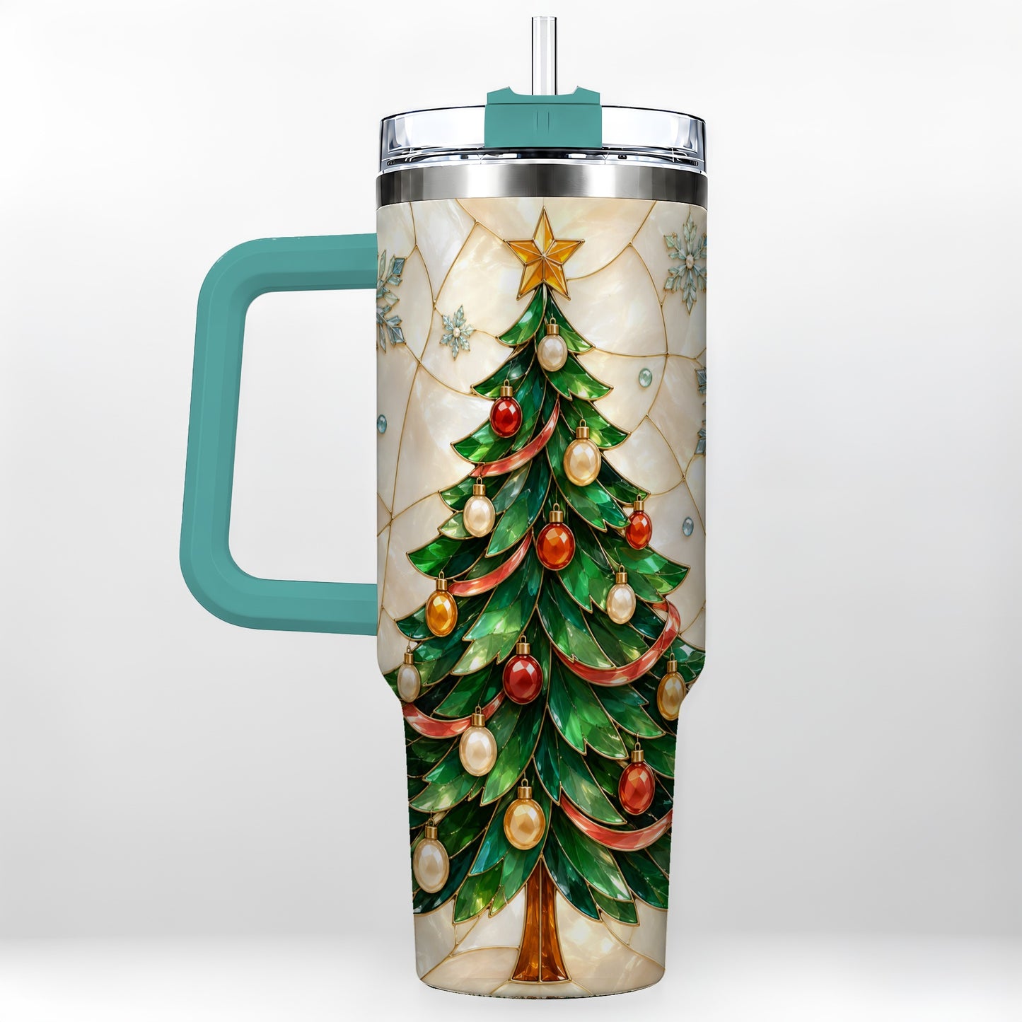 #pl[40oz|Green] Mosaic Tree 40oz Tumbler with Handle, Holiday Stainless Steel Travel Cup