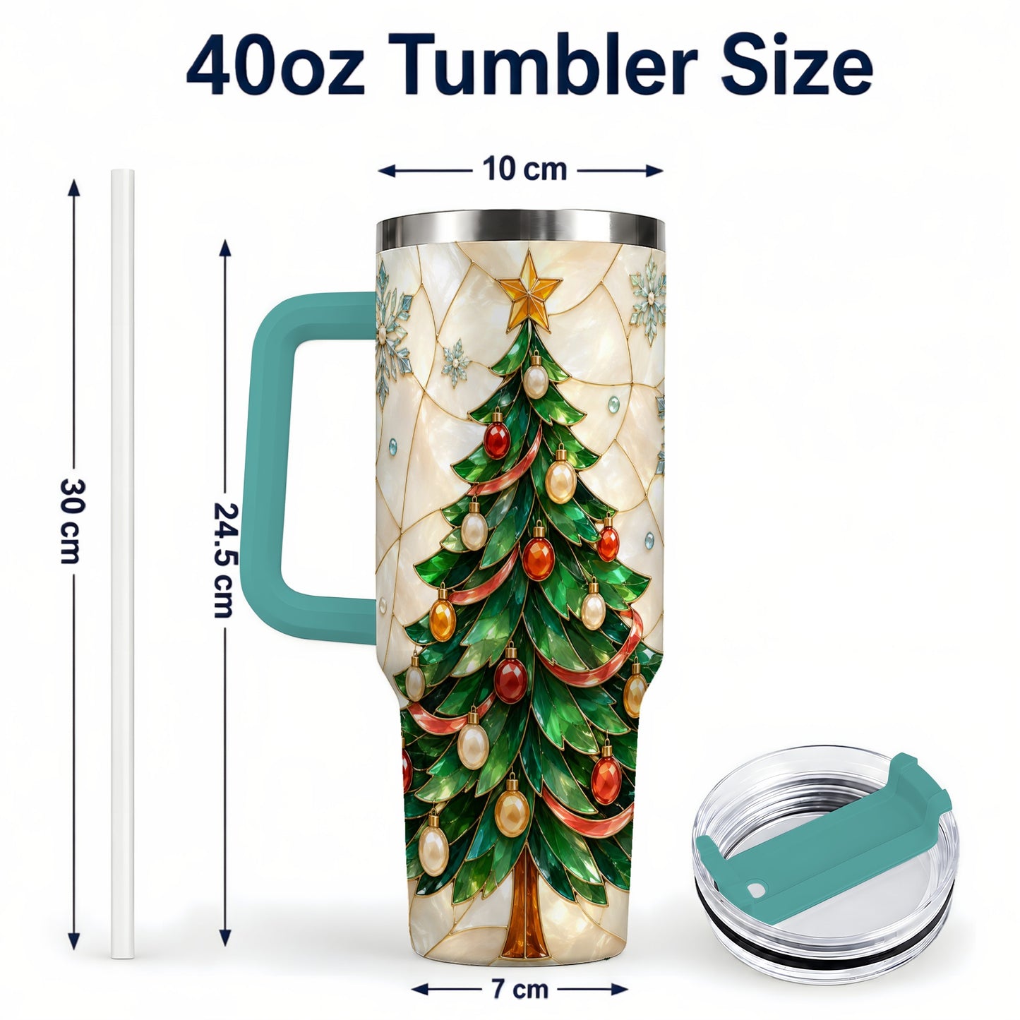 #pl[40oz|Green] Mosaic Tree 40oz Tumbler with Handle, Holiday Stainless Steel Travel Cup