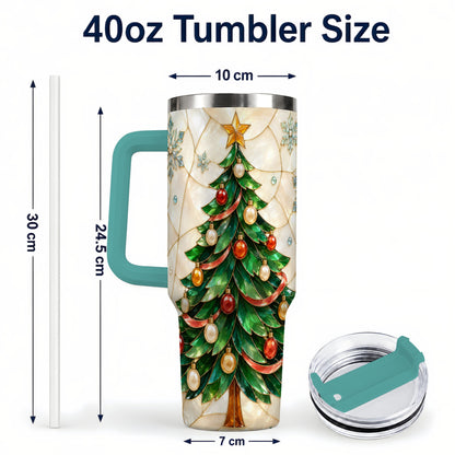 #pl[40oz|Green] Mosaic Tree 40oz Tumbler with Handle, Holiday Stainless Steel Travel Cup