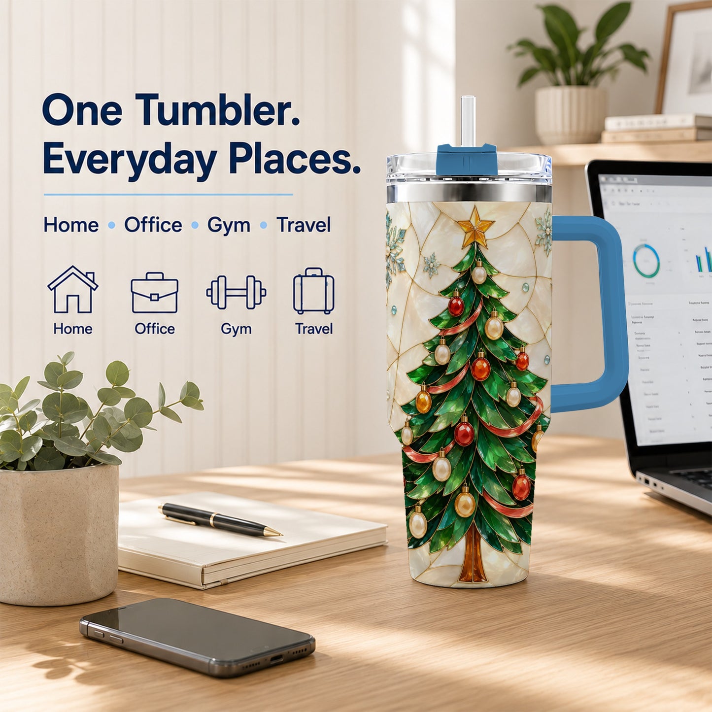 #pl[40oz|Blue] Mosaic Tree 40oz Tumbler with Handle, Holiday Stainless Steel Travel Cup
