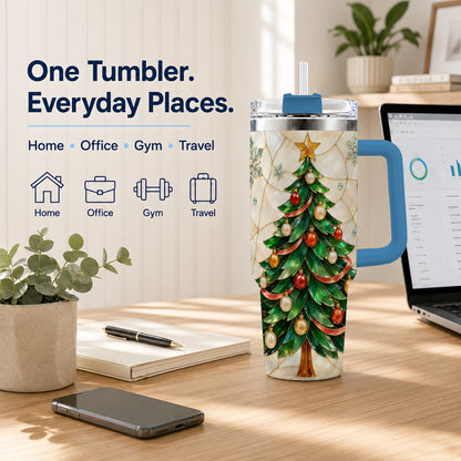 #pl[40oz|Blue] Mosaic Tree 40oz Tumbler with Handle, Holiday Stainless Steel Travel Cup
