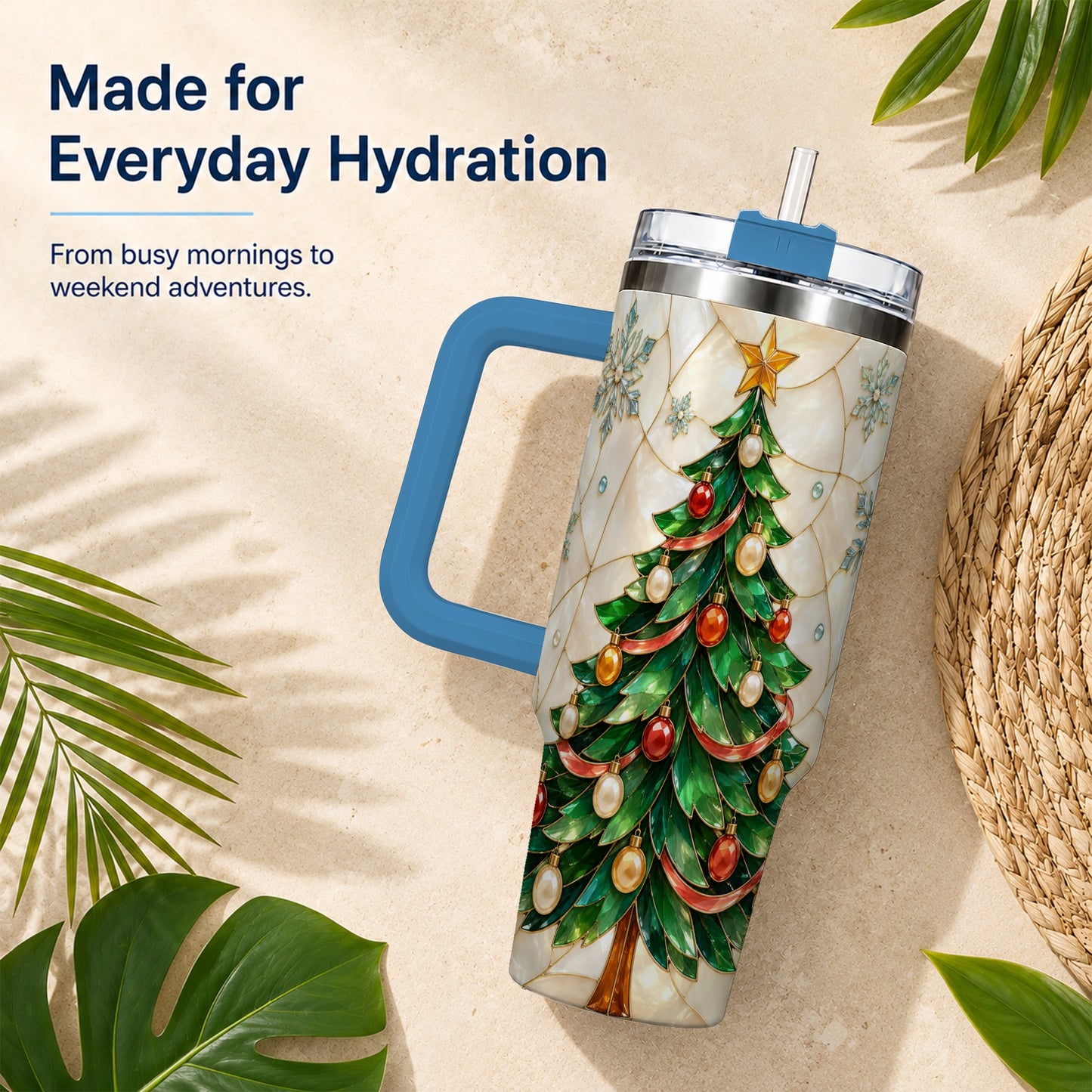 #pl[40oz|Blue] Mosaic Tree 40oz Tumbler with Handle, Holiday Stainless Steel Travel Cup
