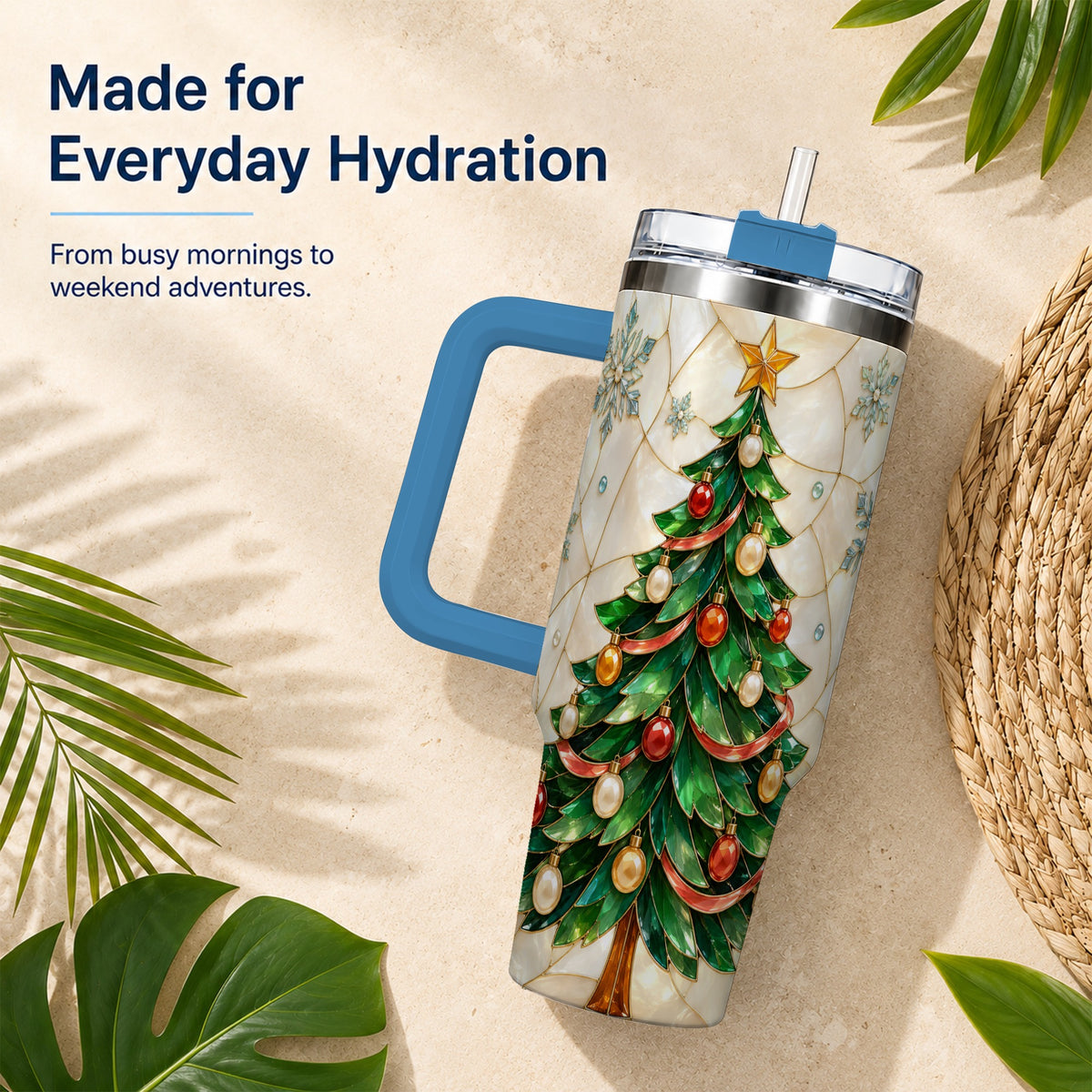 #pl[40oz|Blue] Mosaic Tree 40oz Tumbler with Handle, Holiday Stainless Steel Travel Cup