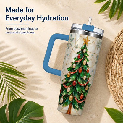 #pl[40oz|Blue] Mosaic Tree 40oz Tumbler with Handle, Holiday Stainless Steel Travel Cup